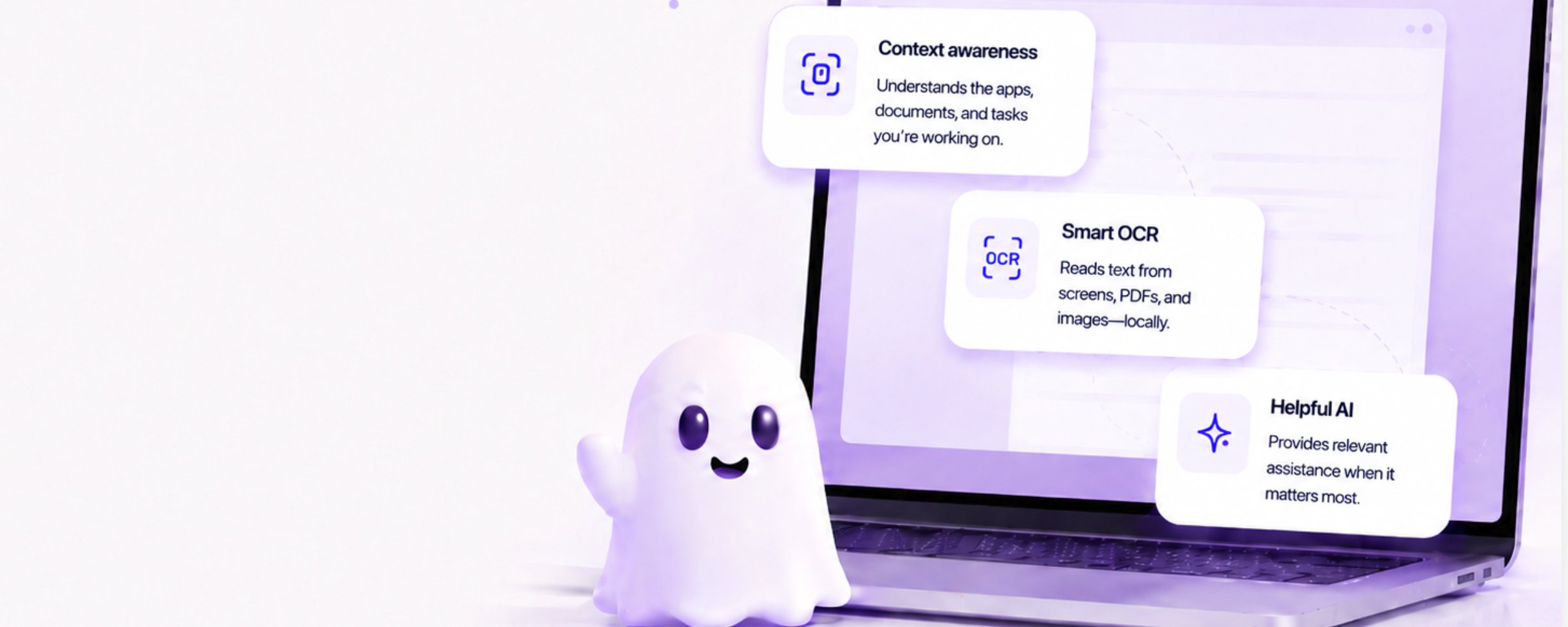 Ghast illustration introducing context awareness, Smart OCR and helpful AI.
